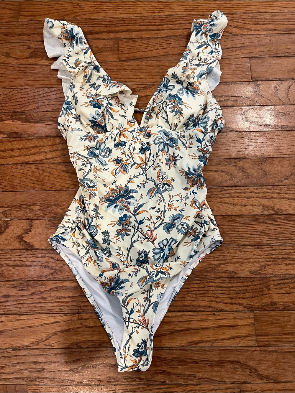 Floral Ruffle One-Piece Swimsuit - Cream with Blue & Orange Print